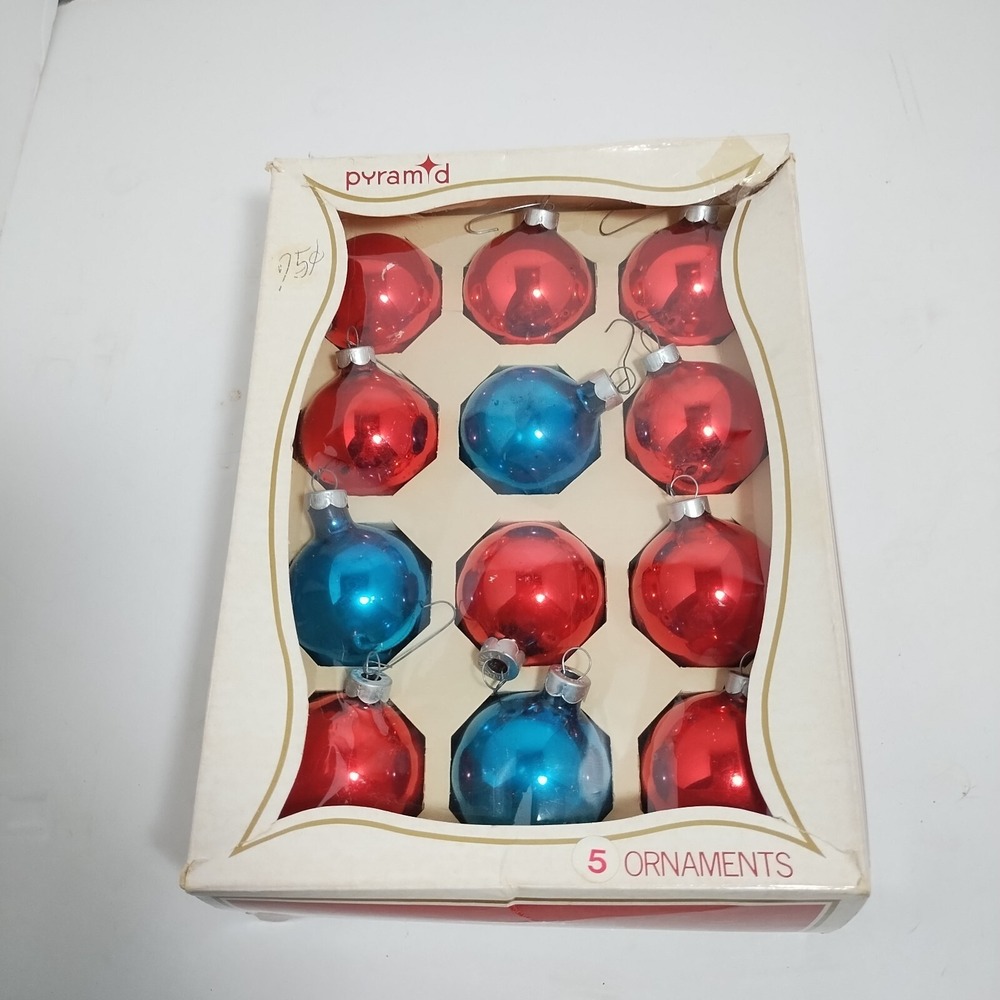12  Vintage Pyramid Glass Christmas Ball Ornaments Red And Blue Hanging‎